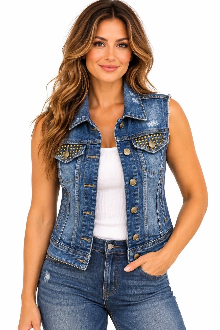 Jessica Simpson Denim Vest Womens XS Studded Distressed Blue Jean Western Y2K